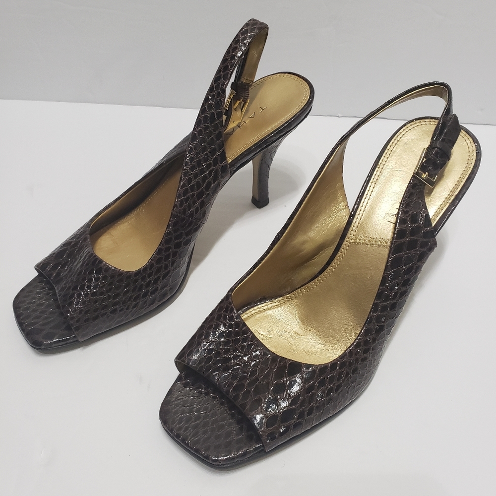 TAHARI Robin Brown Snakeskin Peep Toe Heel 7